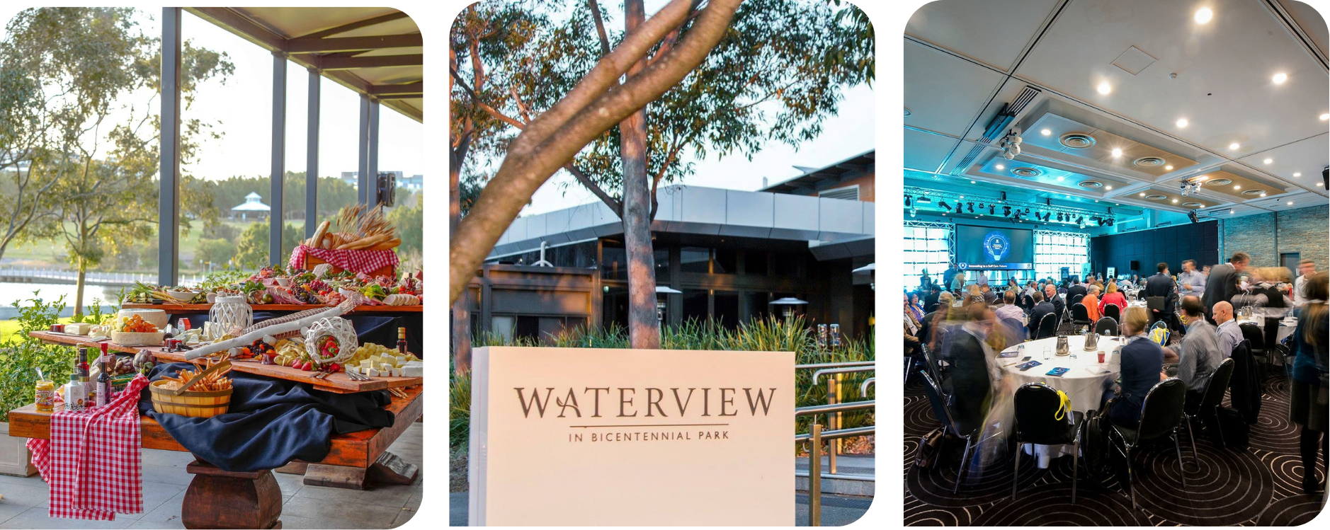 Three views of Waterview: the dining terrace, venue exterior, and conference room